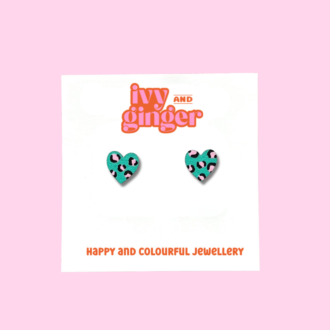 Mini leopard print heart green and pink stud earrings