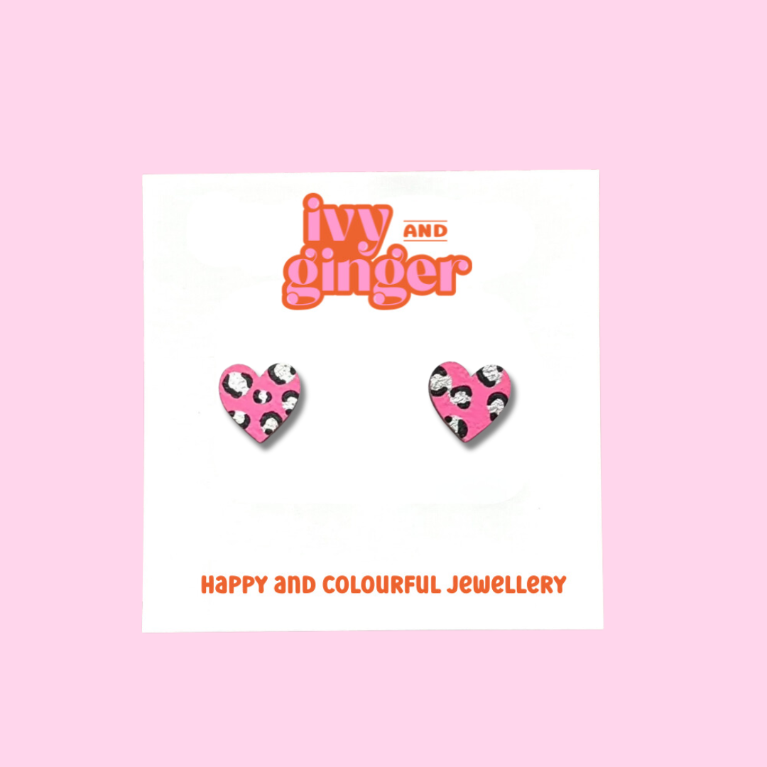 Mini leopard print heart studs in bright pink and silver