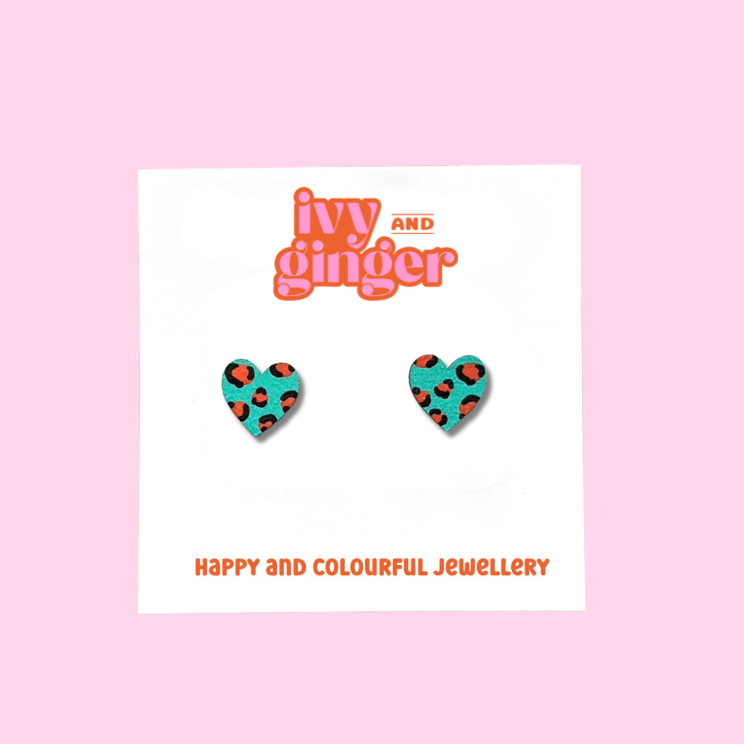 Mini leopard print heart teal and orange stud earrings