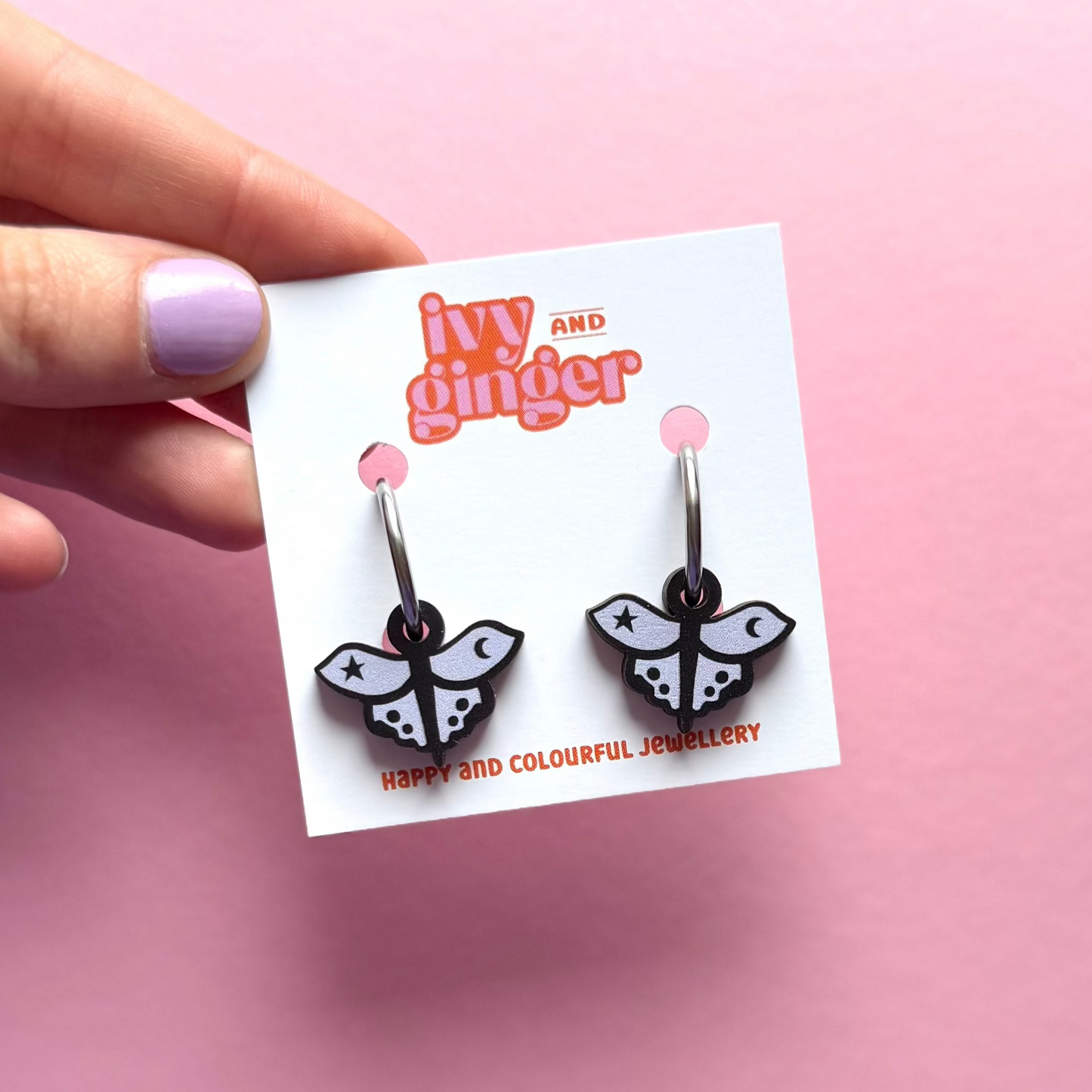 Mystical moth drop dangle hoop earrings