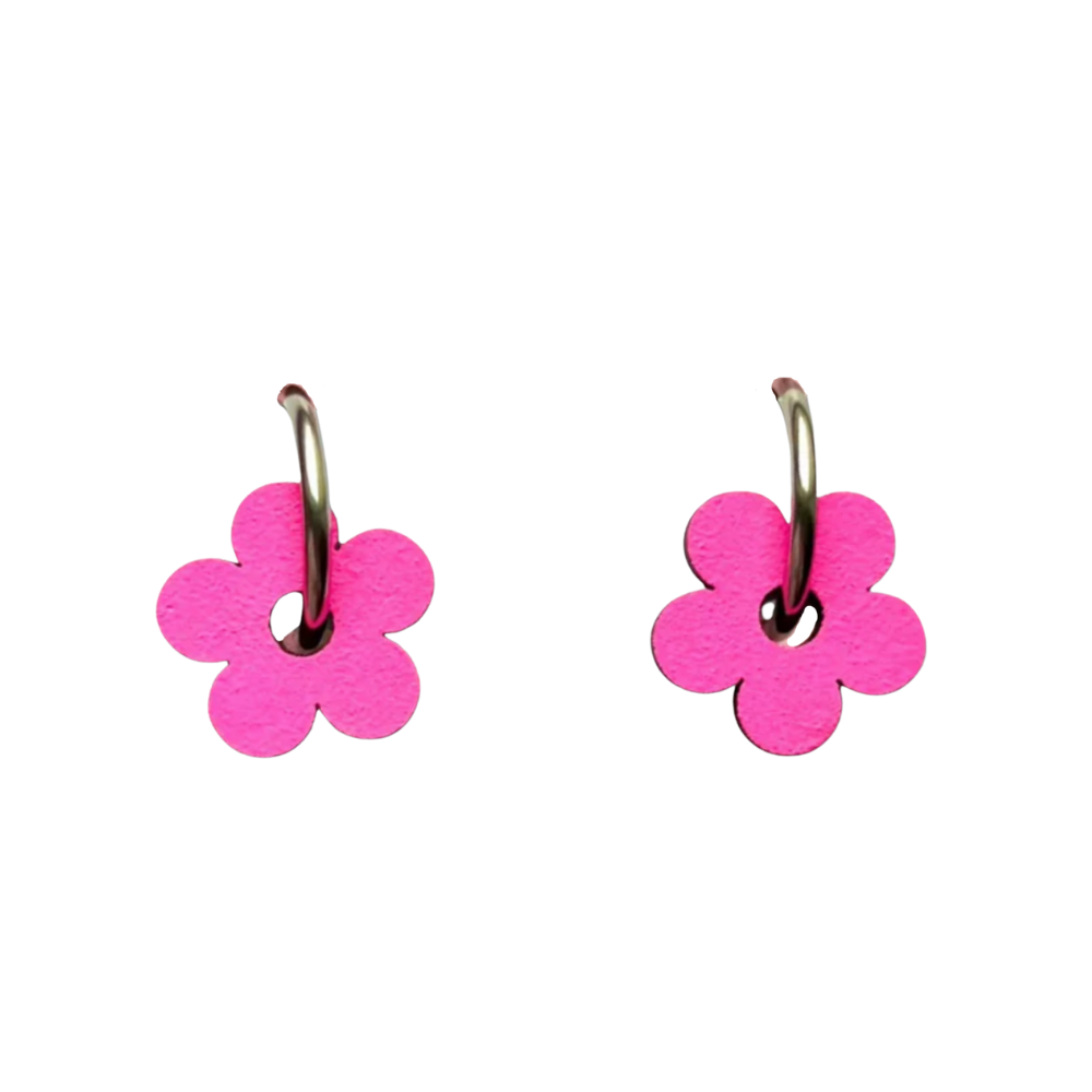 Neon pink flower hoop earrings
