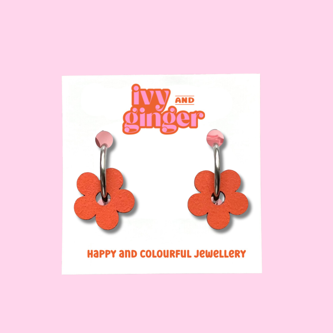 Orange flower hoop earrings