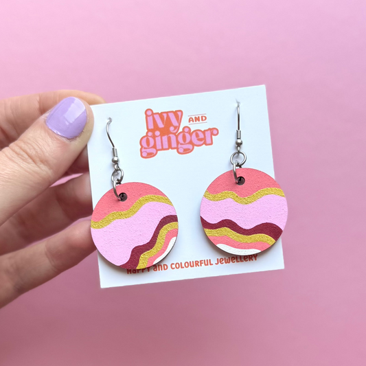 Pink and gold frill print dangle earrings earrings