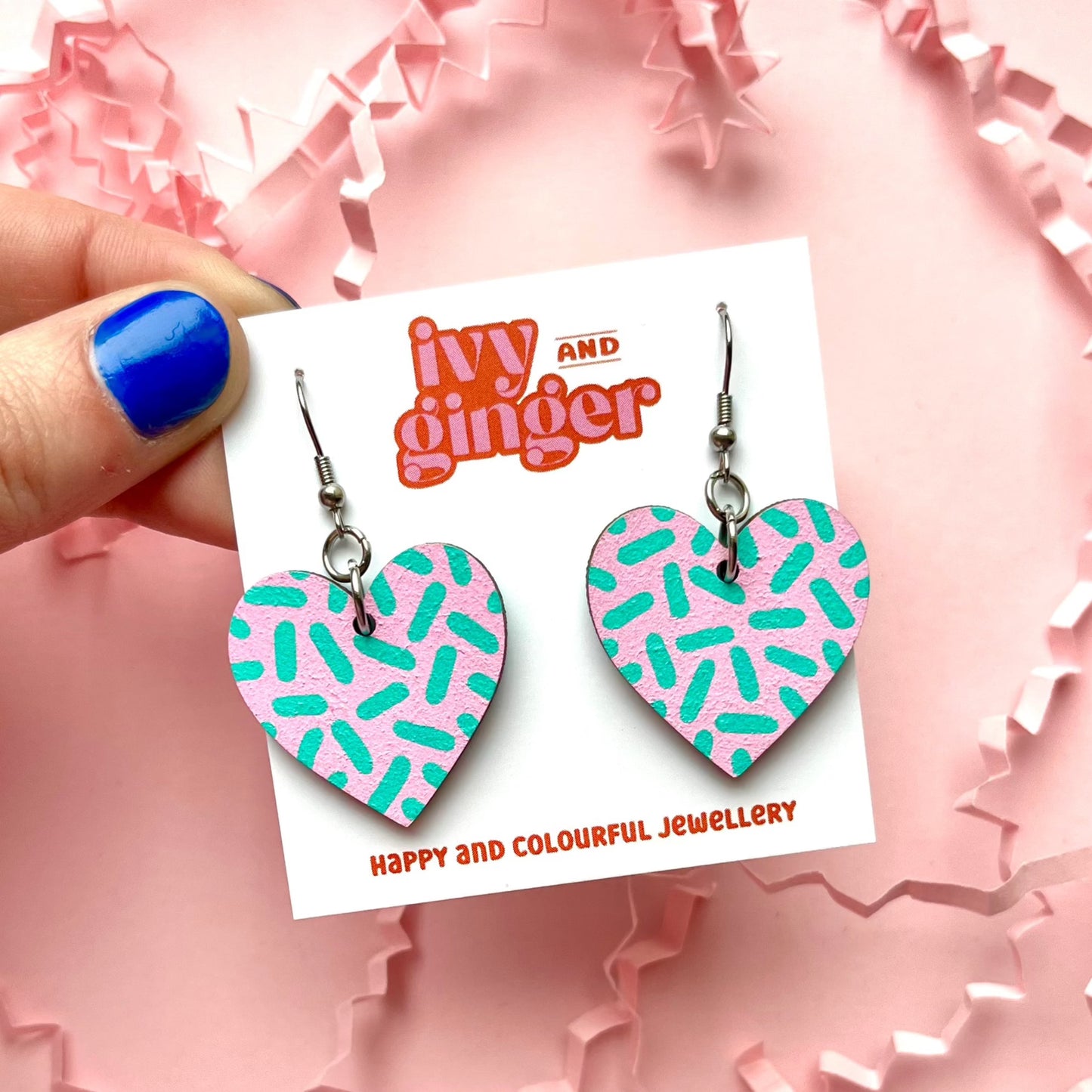 Pink and mint dash drop heart earrings