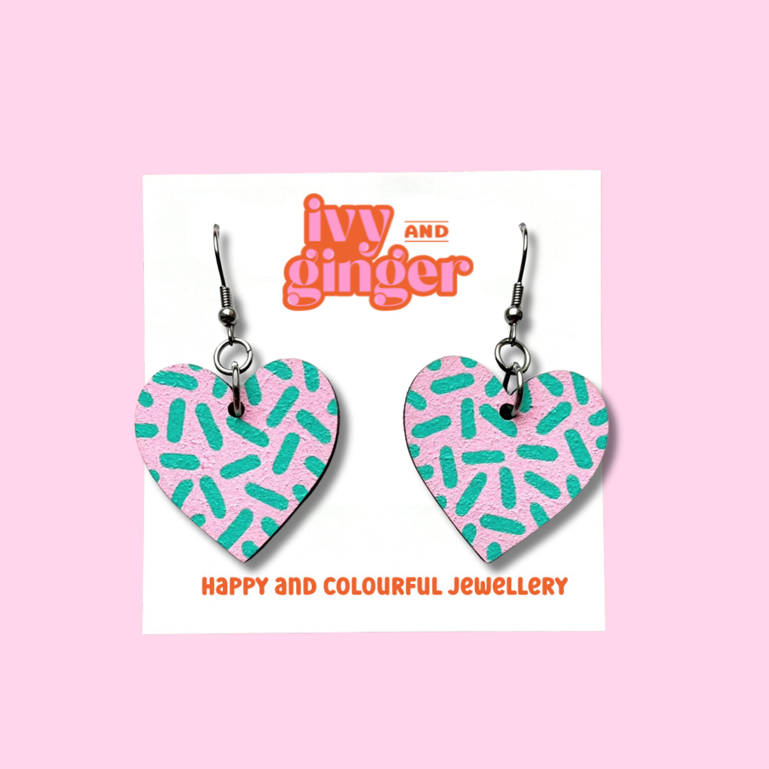 Pink and mint dash drop heart earrings