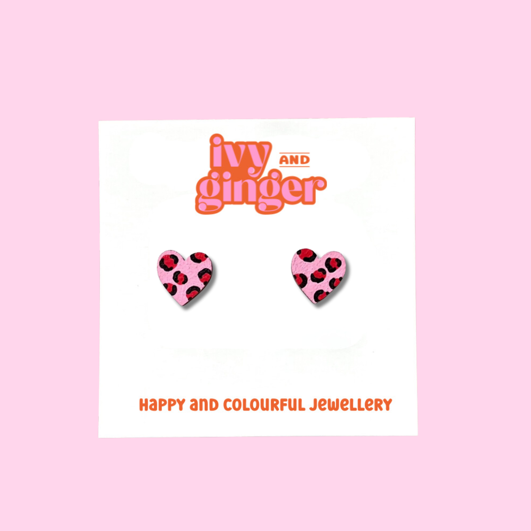Pink and red leopard print mini heart stud earrings