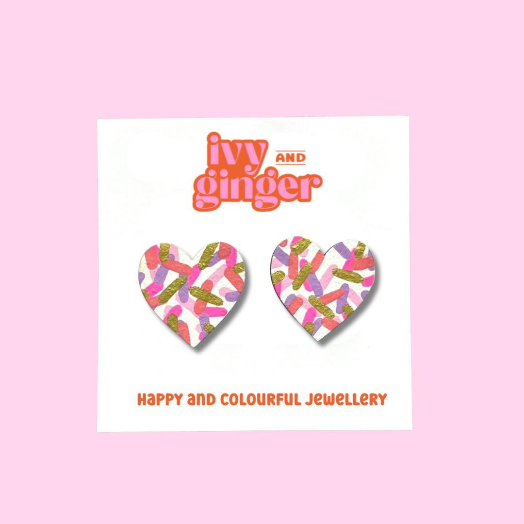 Pink confetti large heart stud earrings