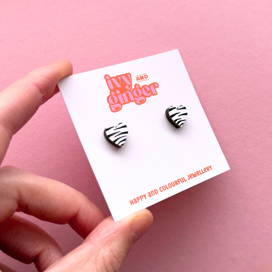 Mini zebra print heart stud earrings