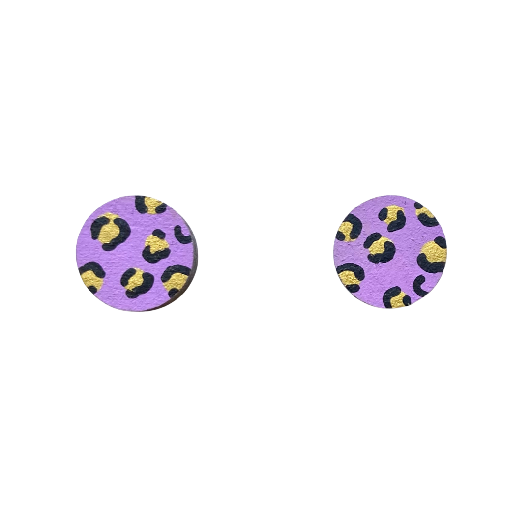 Mini leopard print circle lilac and gold stud earrings