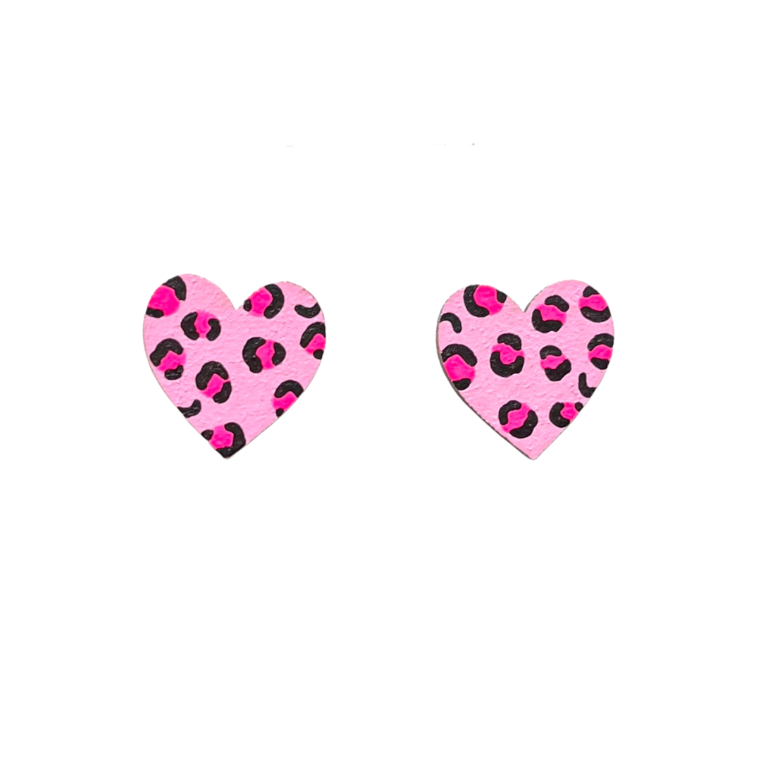 Midi neon pink leopard print heart stud earrings