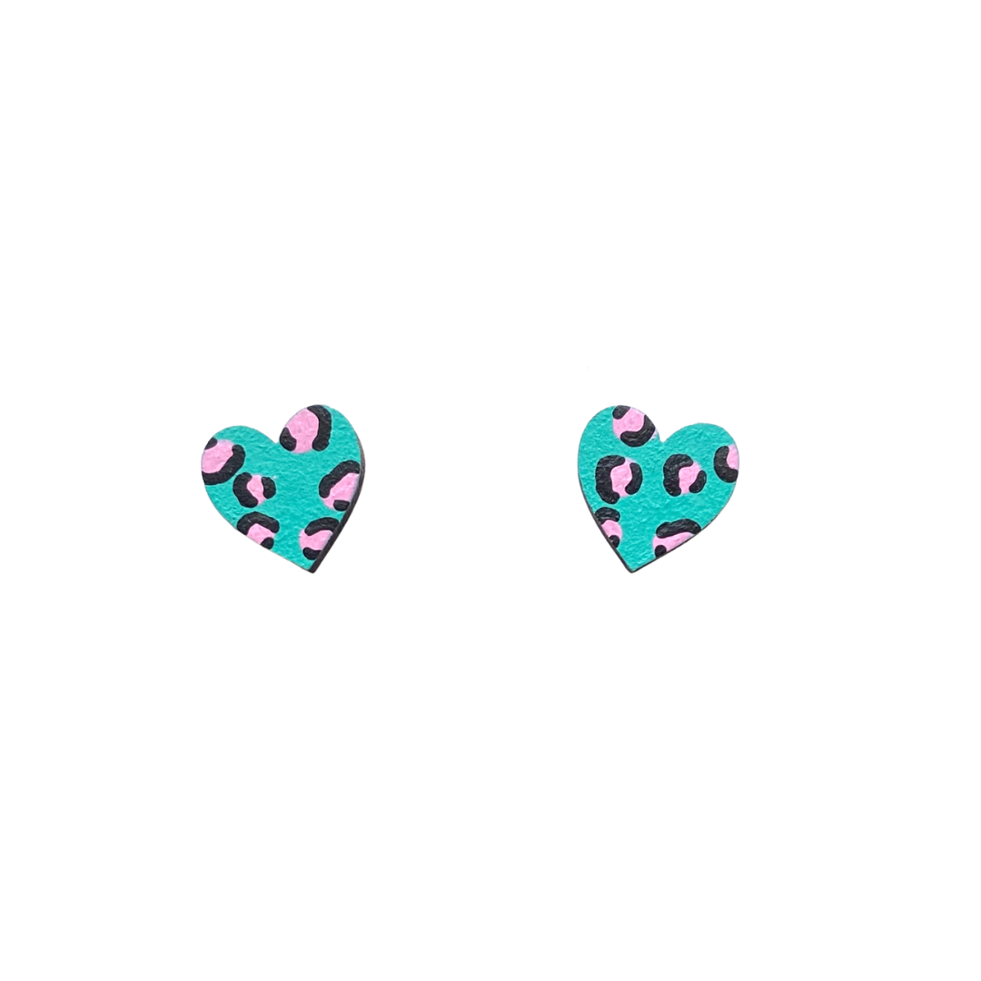 Mini leopard print heart green and pink stud earrings
