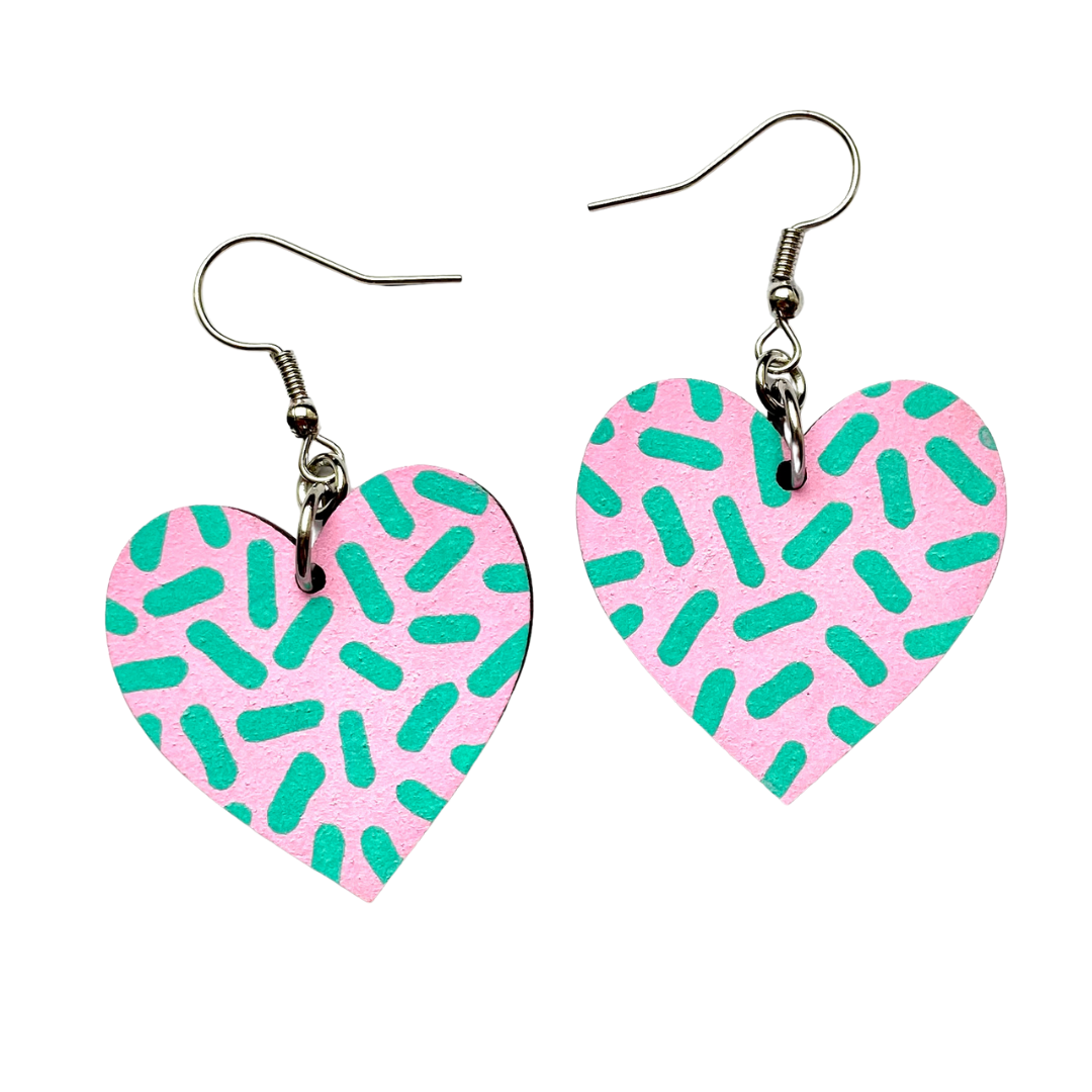 Pink and mint dash drop heart earrings