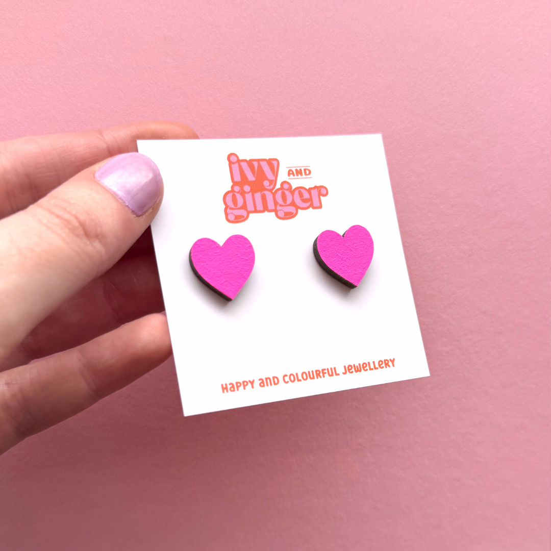 Midi neon pink heart stud earrings