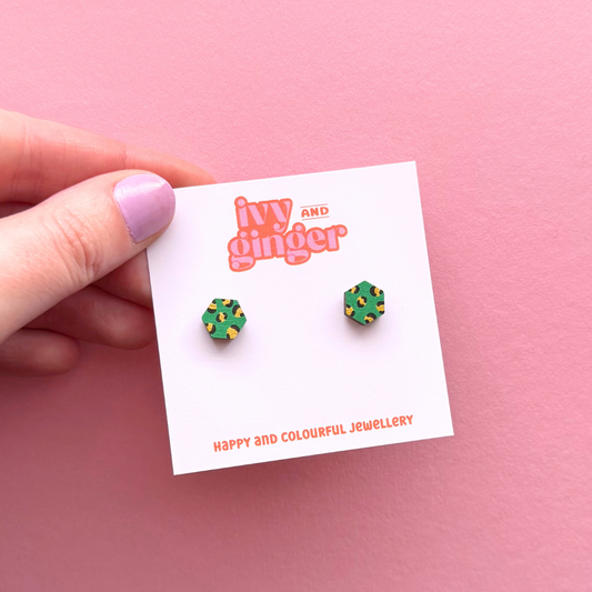 Mini green and gold hexagon leopard print stud earrings