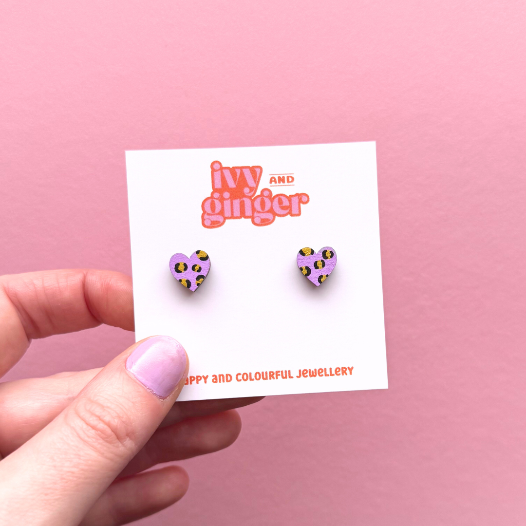 Mini leopard print heart lilac and gold stud earrings
