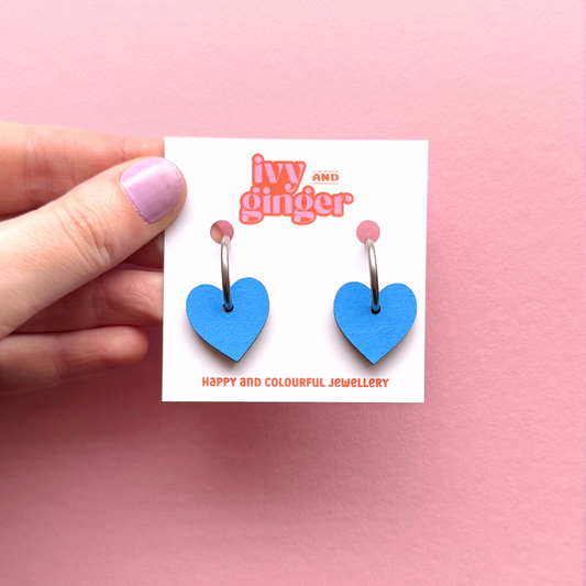 Blue heart shaped hoop earrings