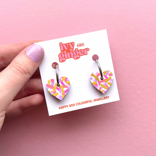 Small pink confetti heart hoop earrings