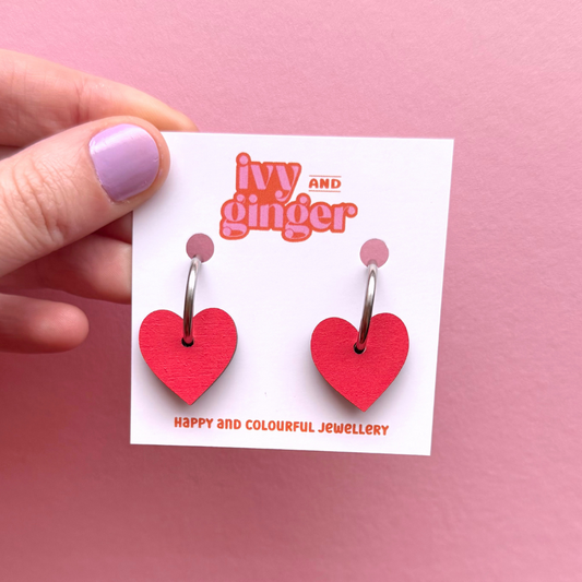 Bright red small heart hoop earrings