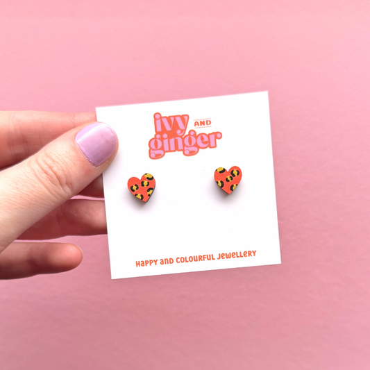 Mini leopard print heart orange and gold stud earrings
