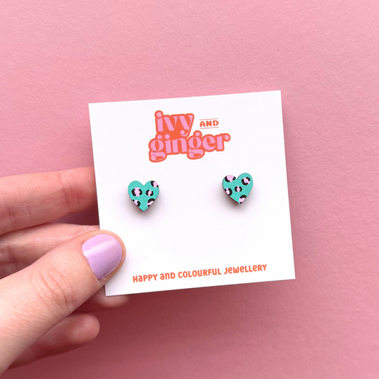 Mini leopard print heart green and pink stud earrings