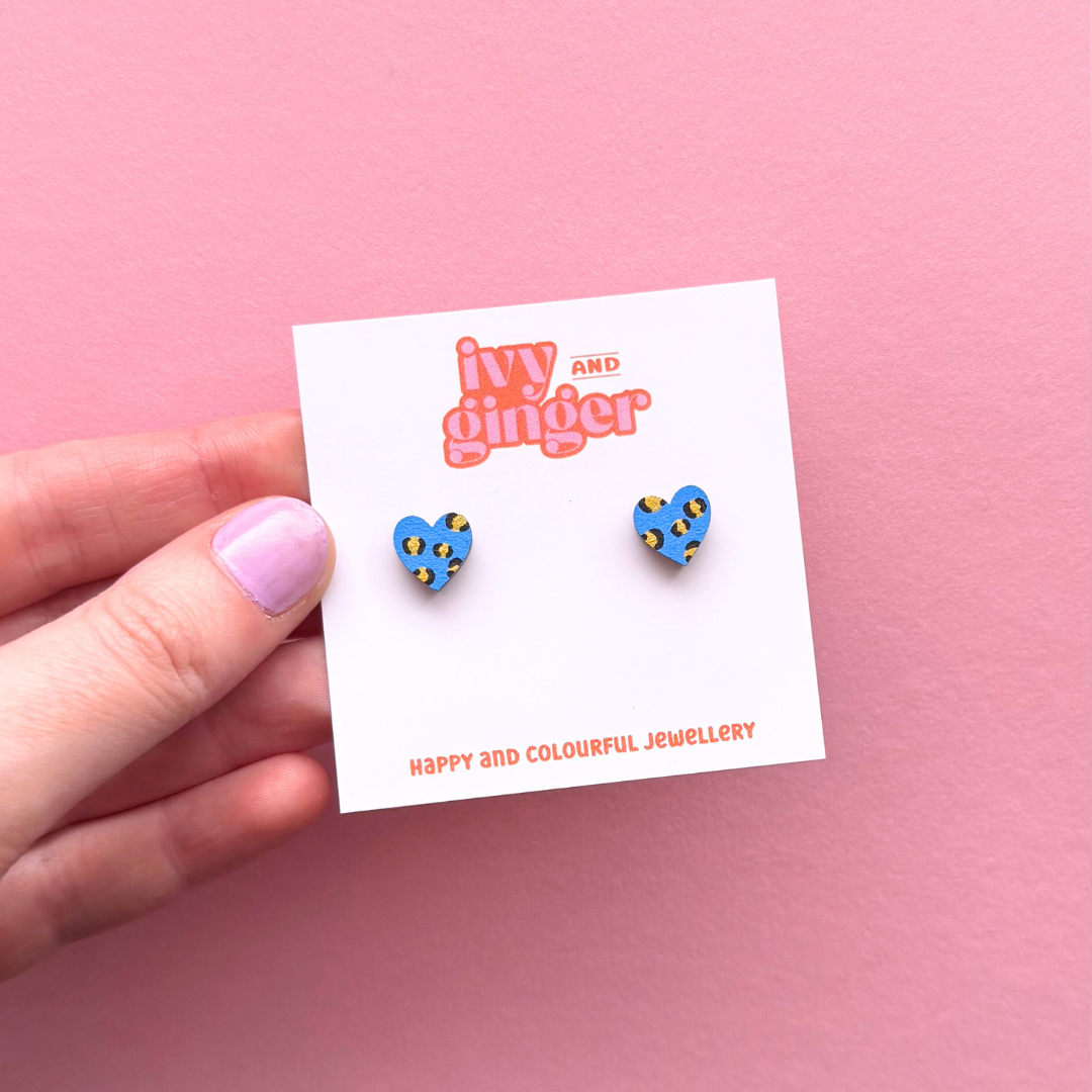 Mini blue and gold leopard print heart studs