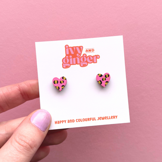 Mini leopard print heart studs in bright pink and gold