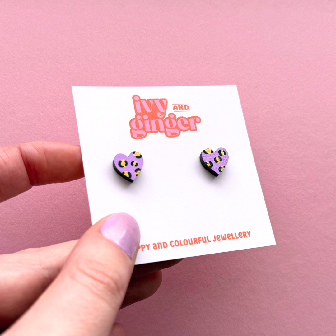 Mini leopard print heart lilac and gold stud earrings