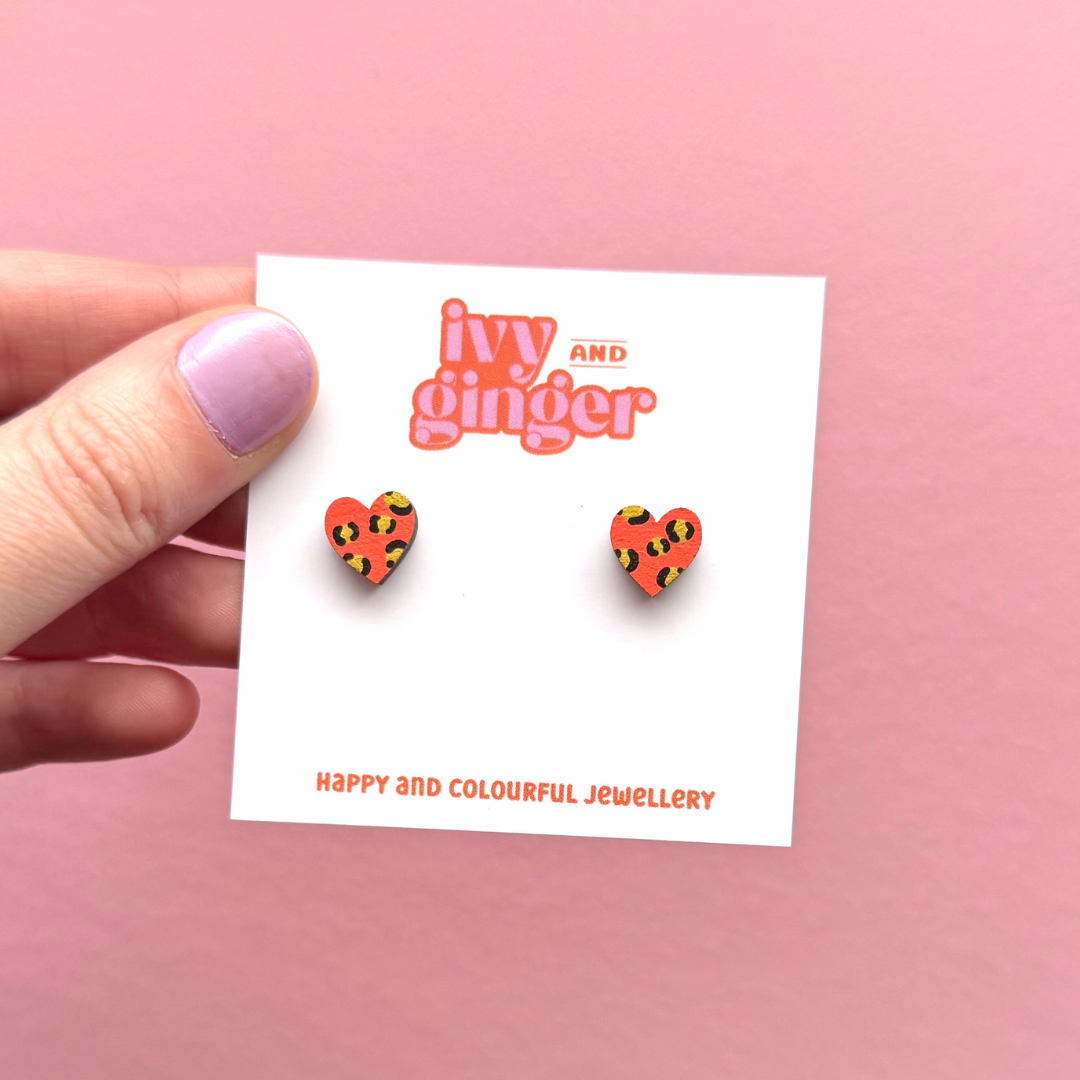 Mini leopard print heart orange and gold stud earrings