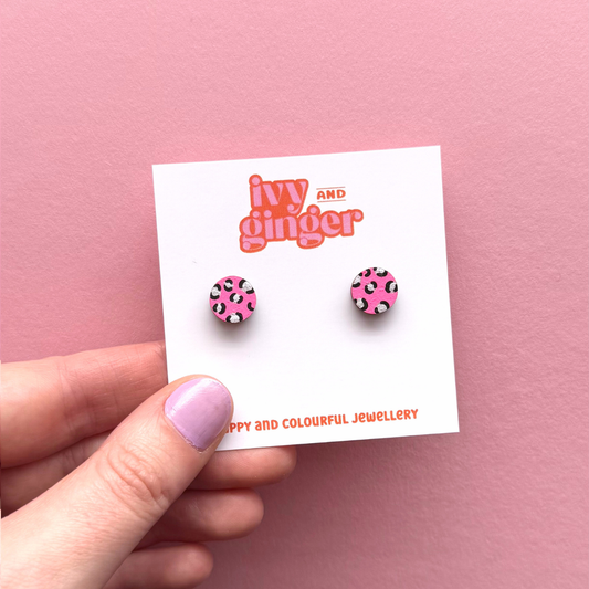 Mini leopard print circle studs in bright pink and silver