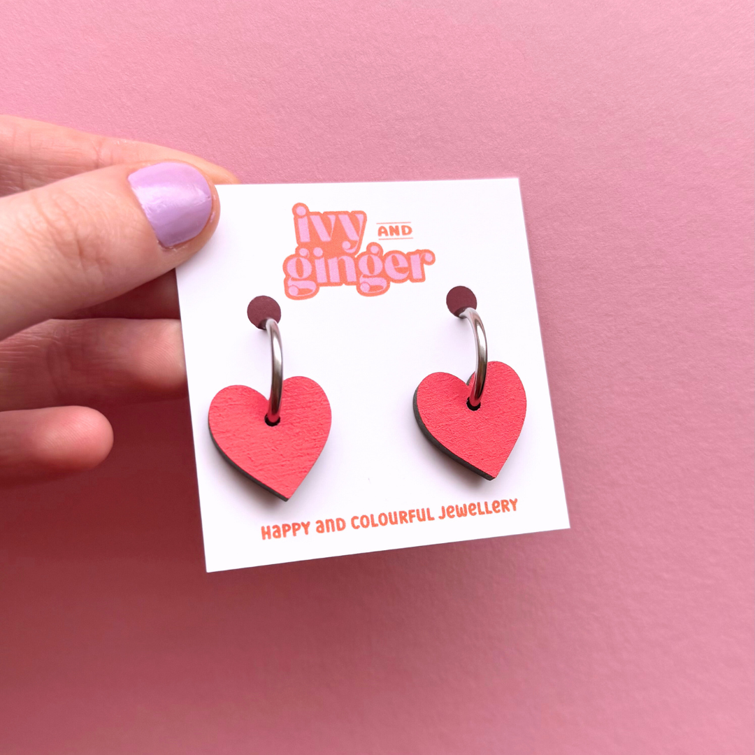 Bright red small heart hoop earrings