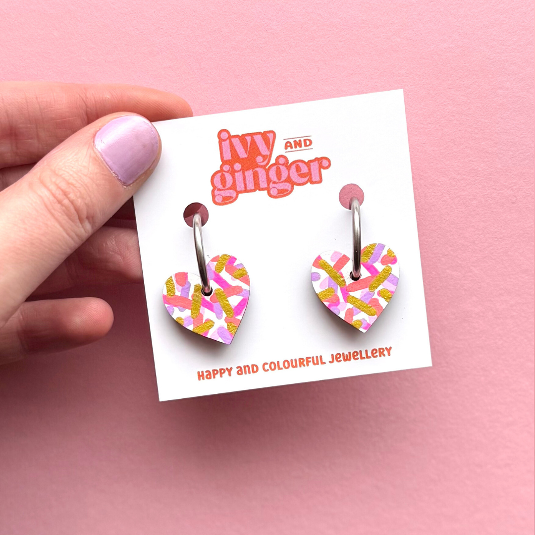Small pink confetti heart hoop earrings
