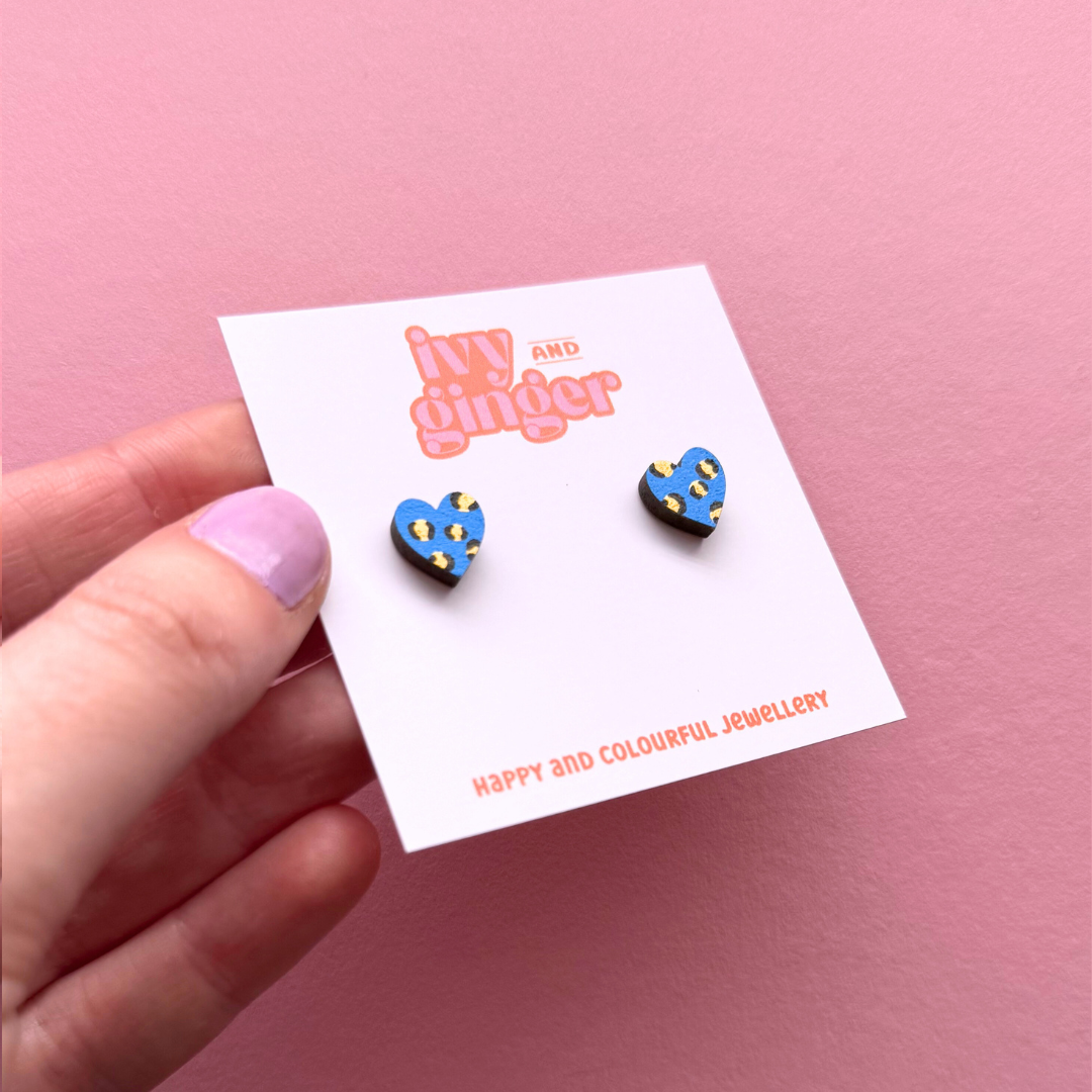 Mini blue and gold leopard print heart studs