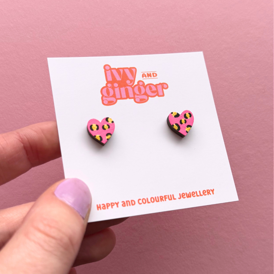 Mini leopard print heart studs in bright pink and gold