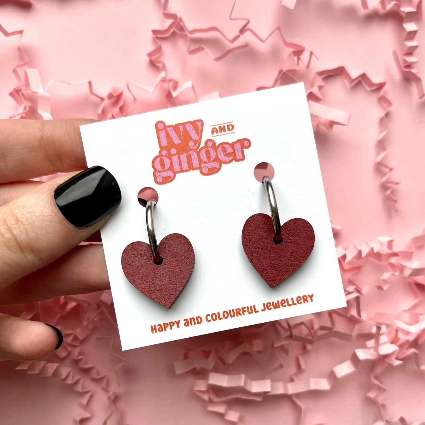 Deep red small heart hoop earrings