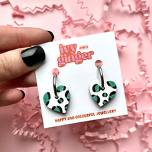 Load image into Gallery viewer, metallic green leopard print small heart hoop earrings

