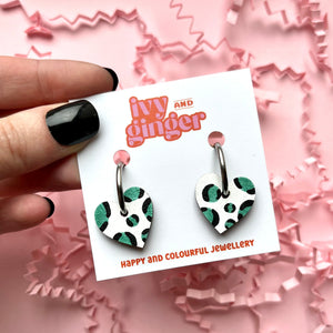 metallic green leopard print small heart hoop earrings