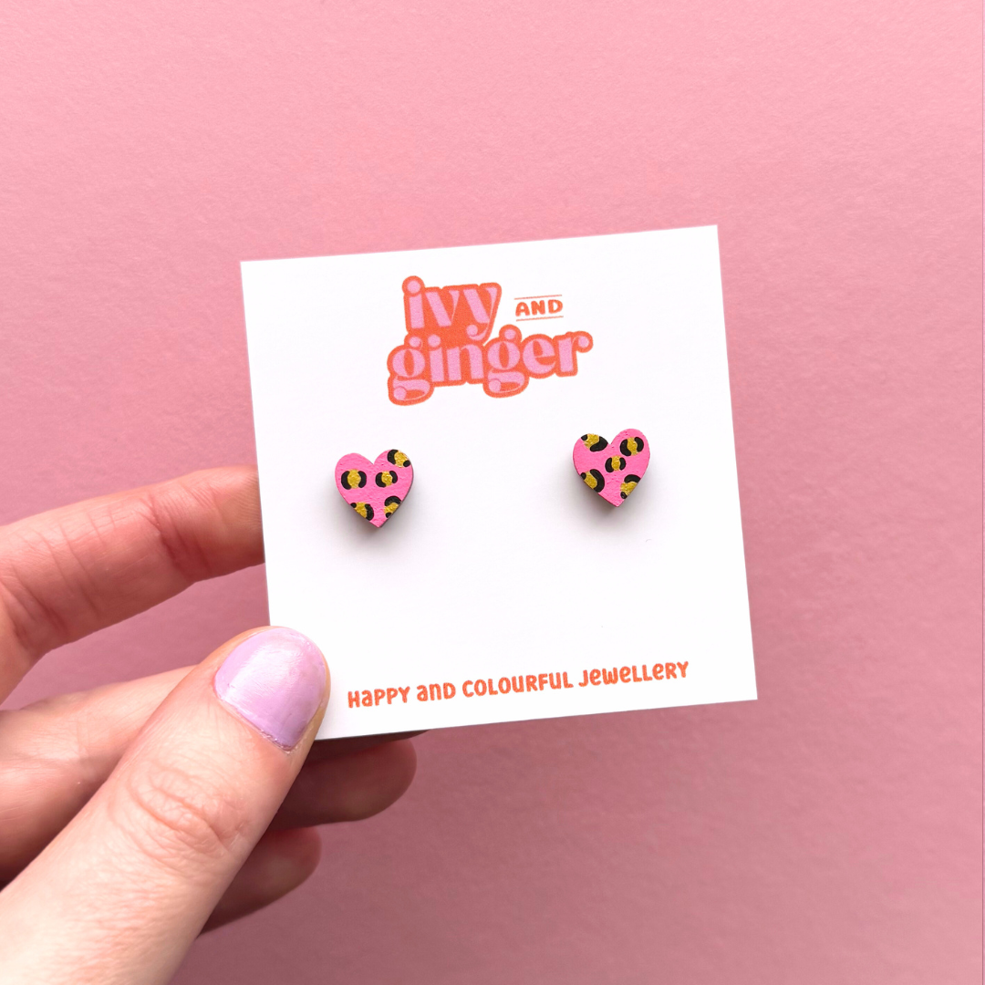 Mini leopard print heart studs in bright pink and gold