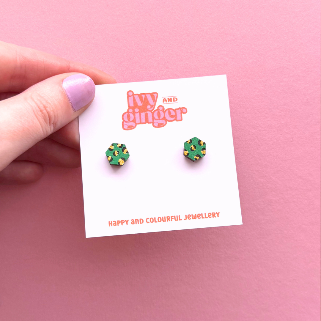 Mini green and gold hexagon leopard print stud earrings