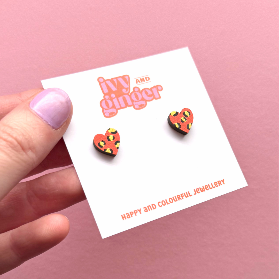Mini leopard print heart orange and gold stud earrings
