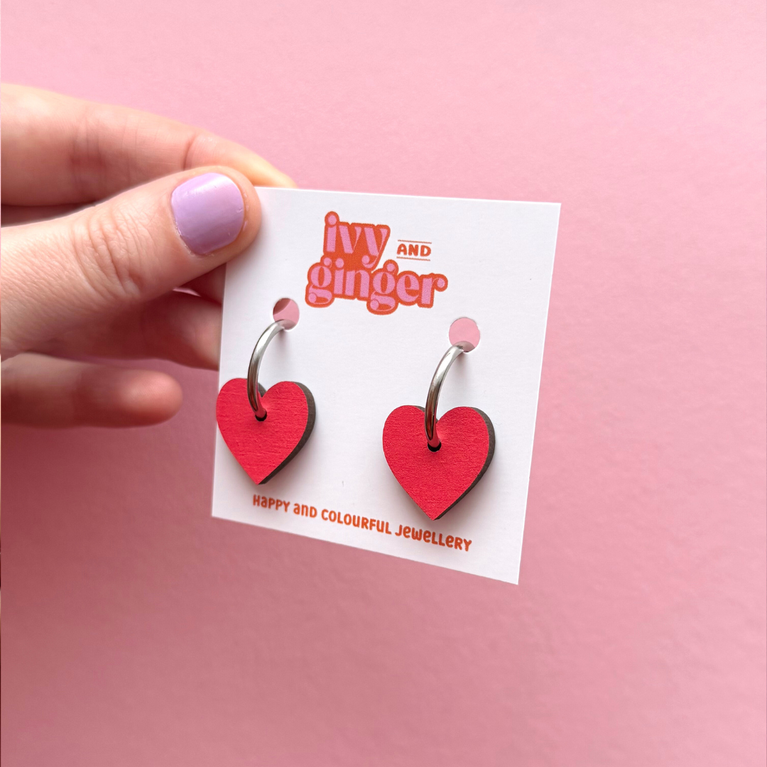 Bright red small heart hoop earrings