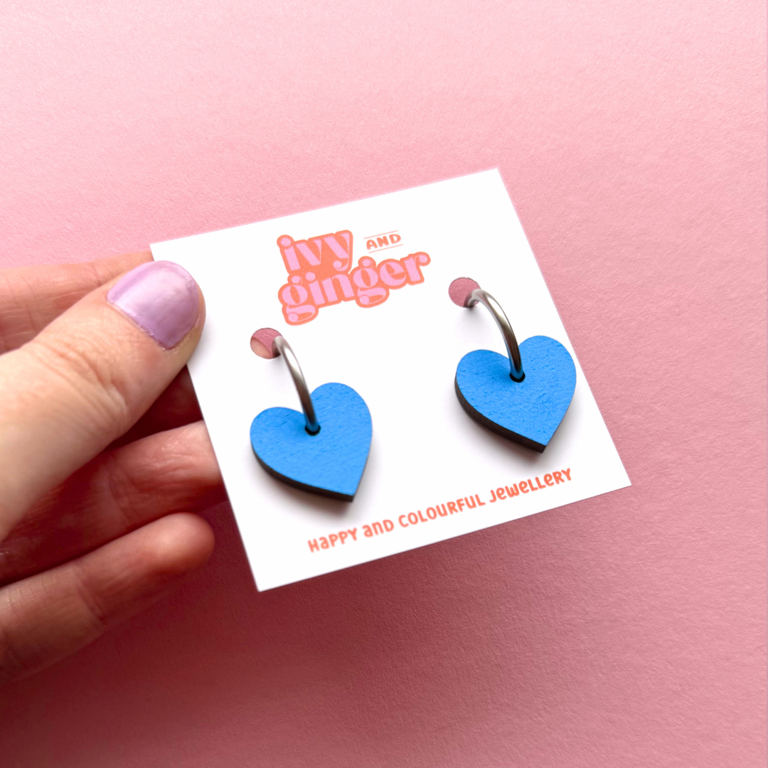 Blue heart shaped hoop earrings