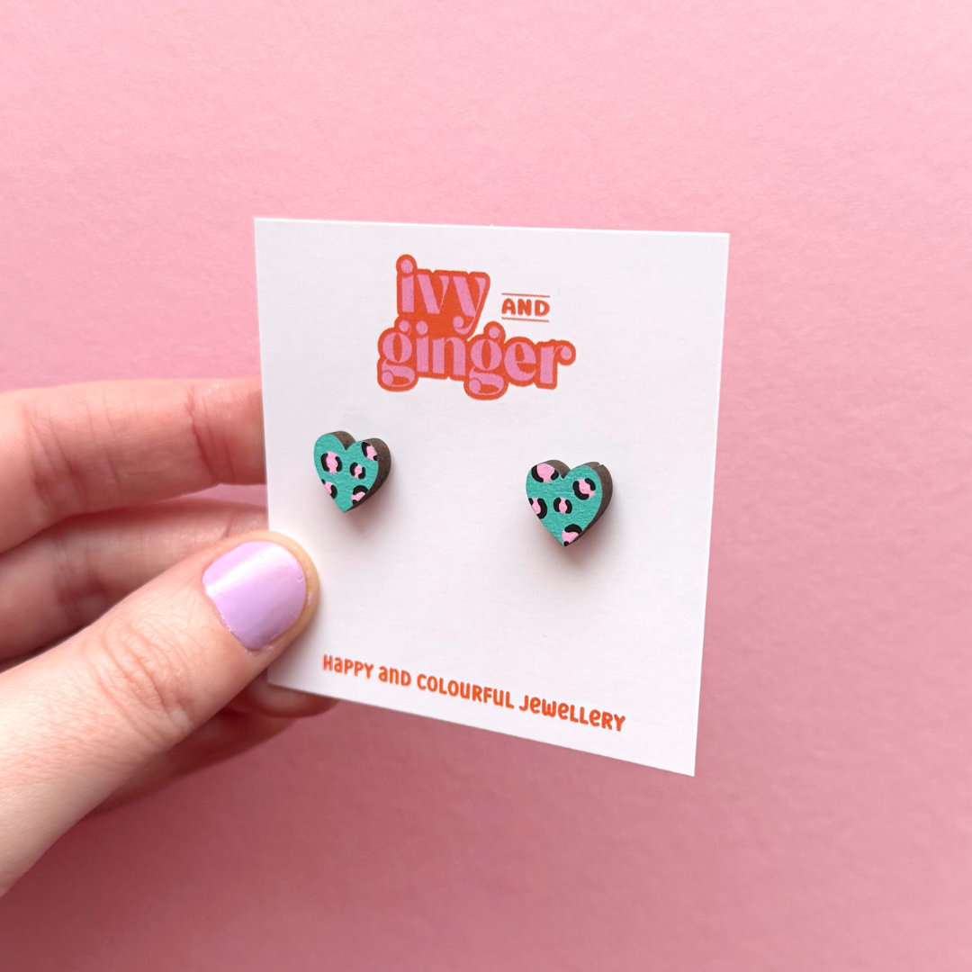 Mini leopard print heart green and pink stud earrings
