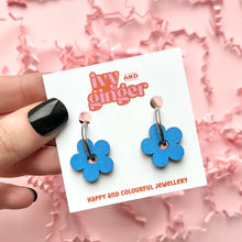 Load image into Gallery viewer, blue flower hoop earrings
