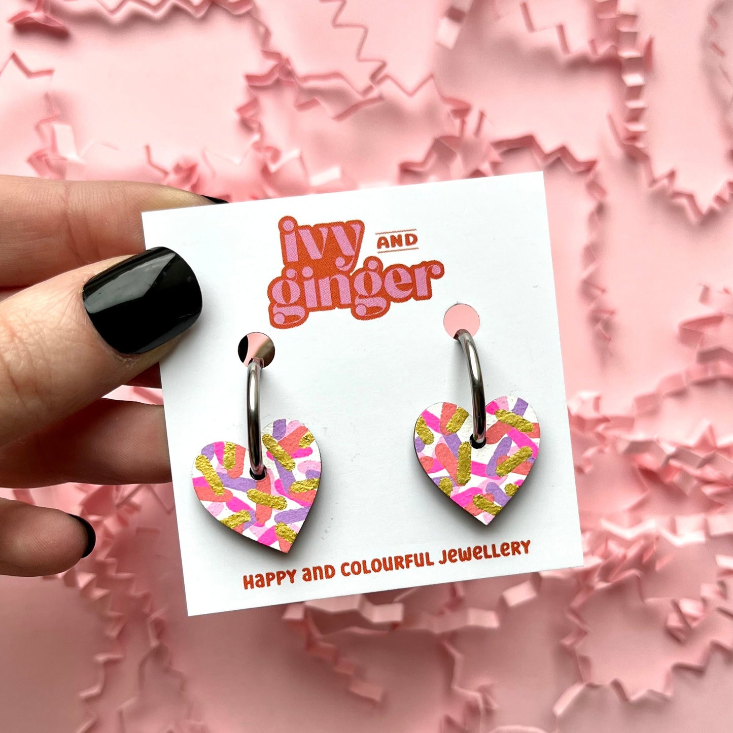 Small pink confetti heart hoop earrings