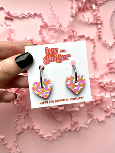 small pink confetti heart hoop earrings