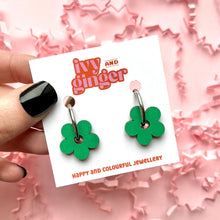 Load image into Gallery viewer, green flower hoop earrings
