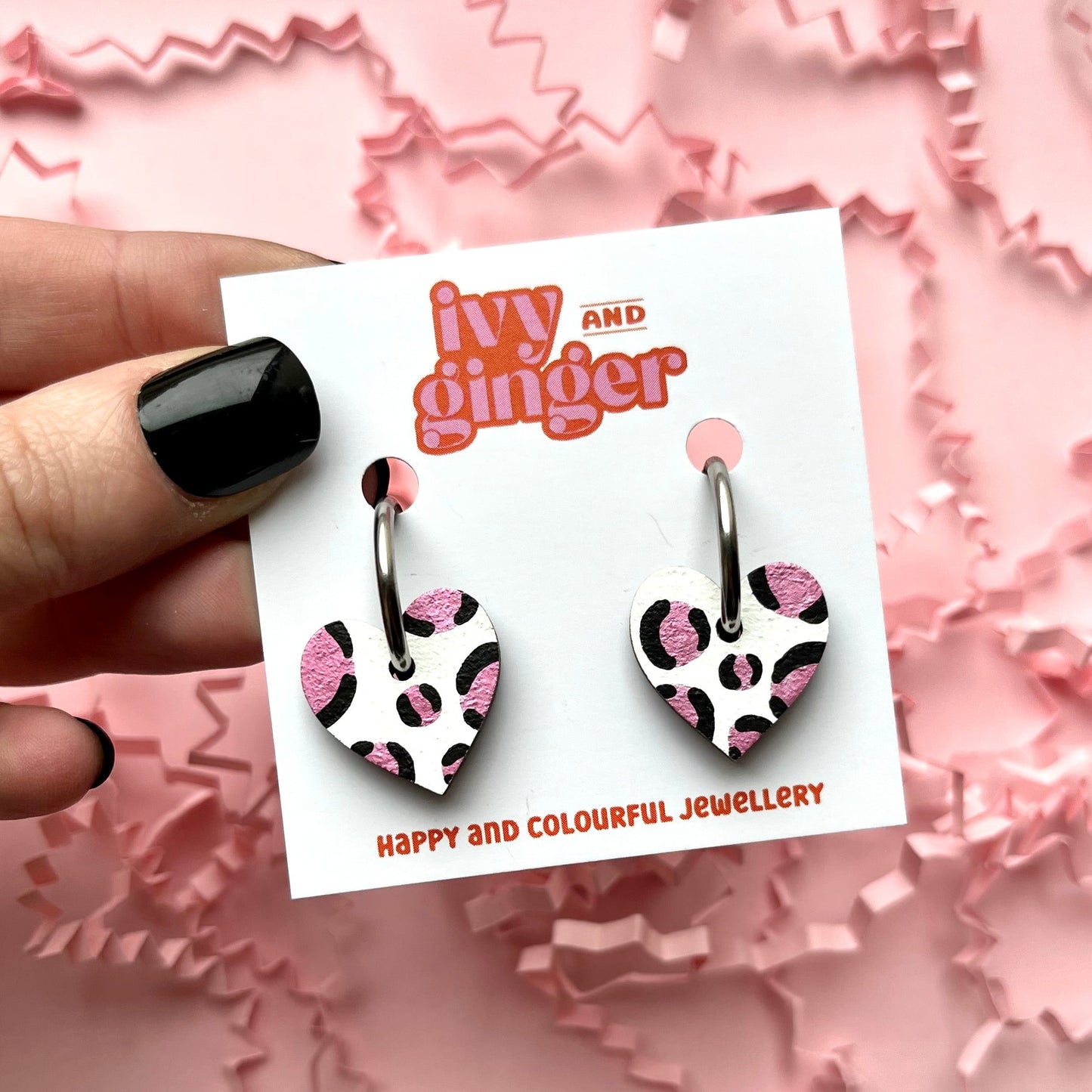 Metallic pink leopard print small heart hoop earrings