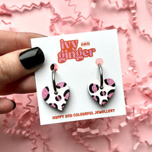 Load image into Gallery viewer, metallic pink leopard print small heart hoop earrings
