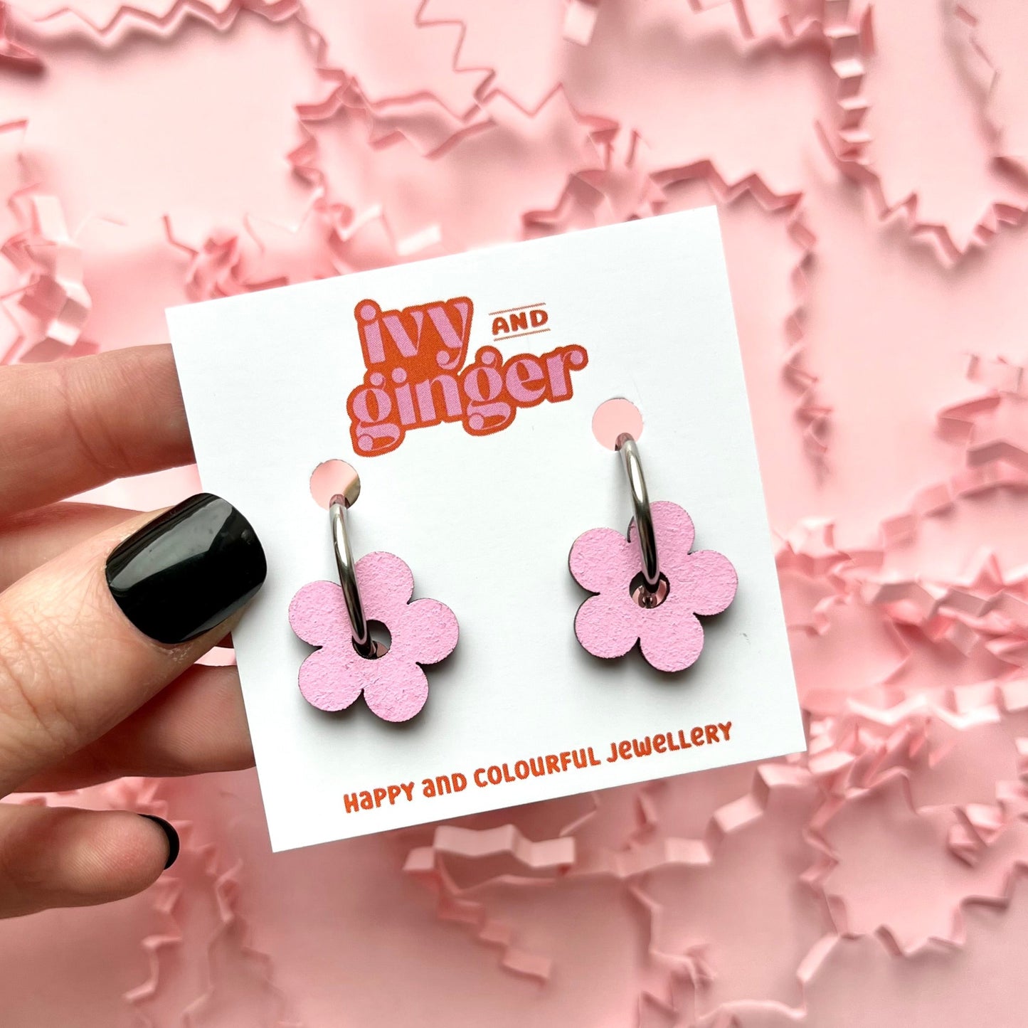 Pink flower hoop earrings