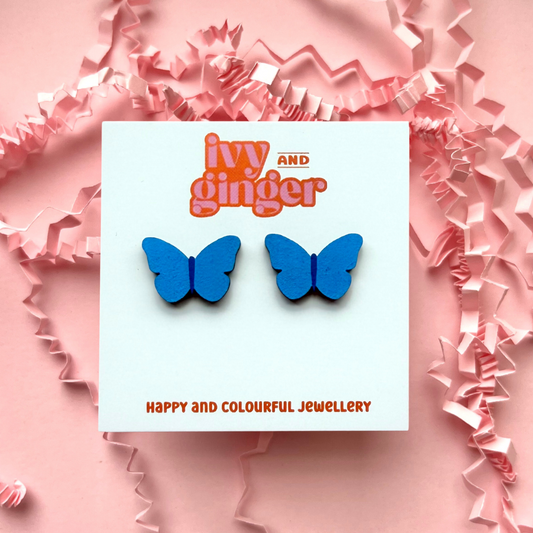 Large blue and deep blue butterfly stud earrings